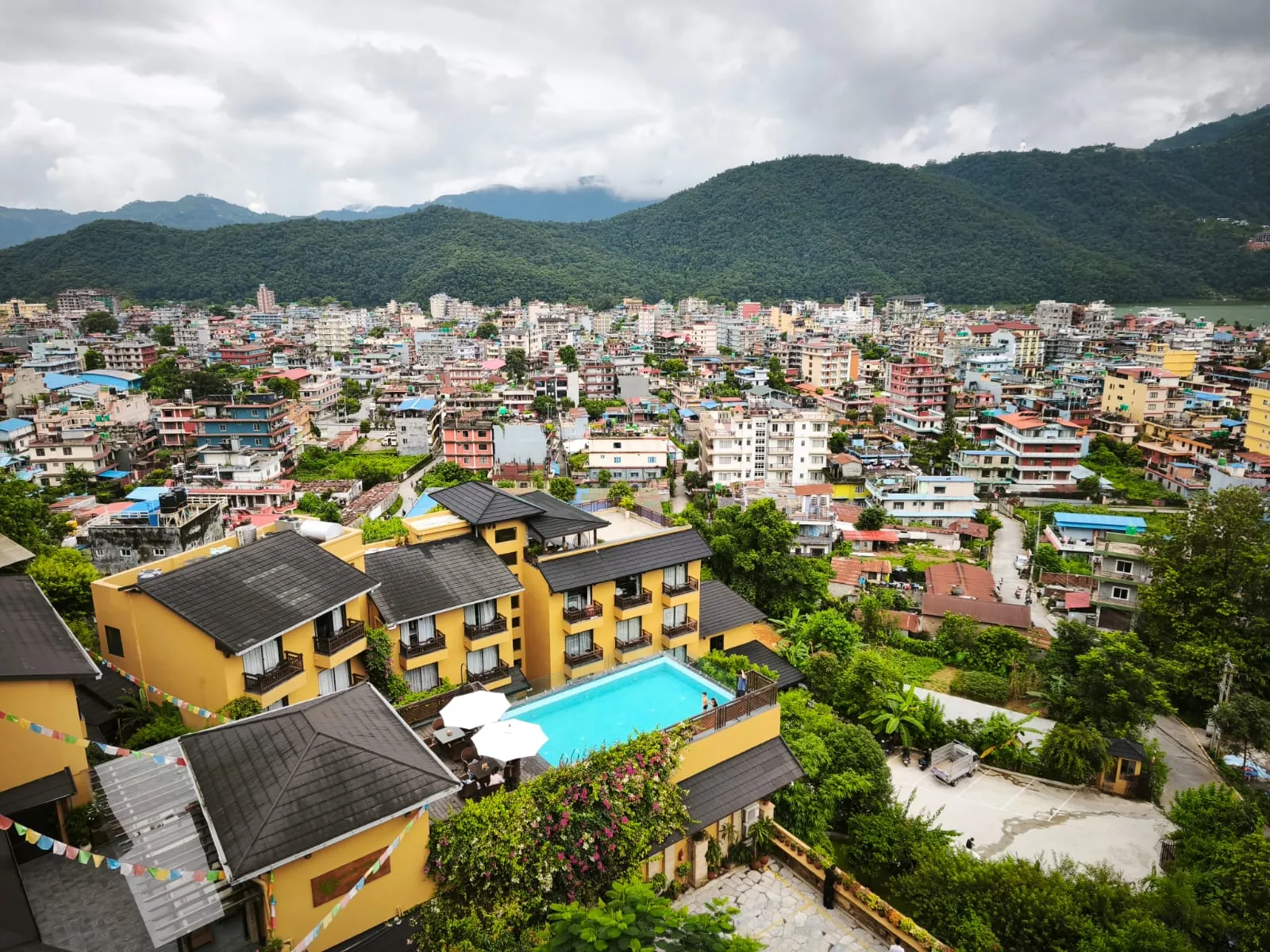 Aerial view of Bar Peepal Resort and Pokhara valley