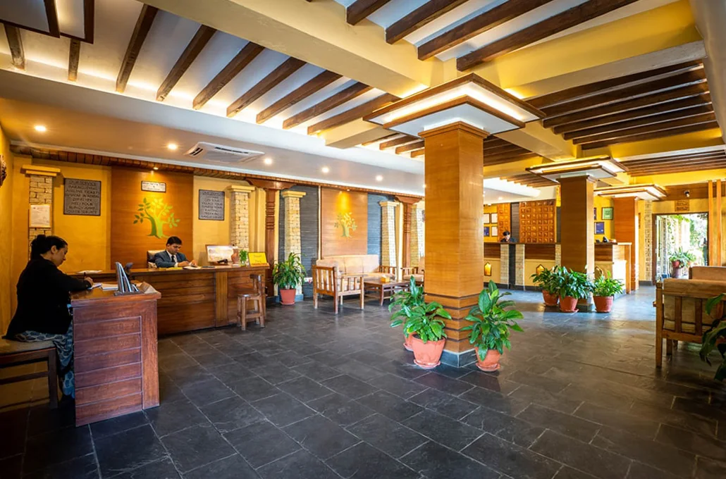 The dining hall and lobby under timber beams