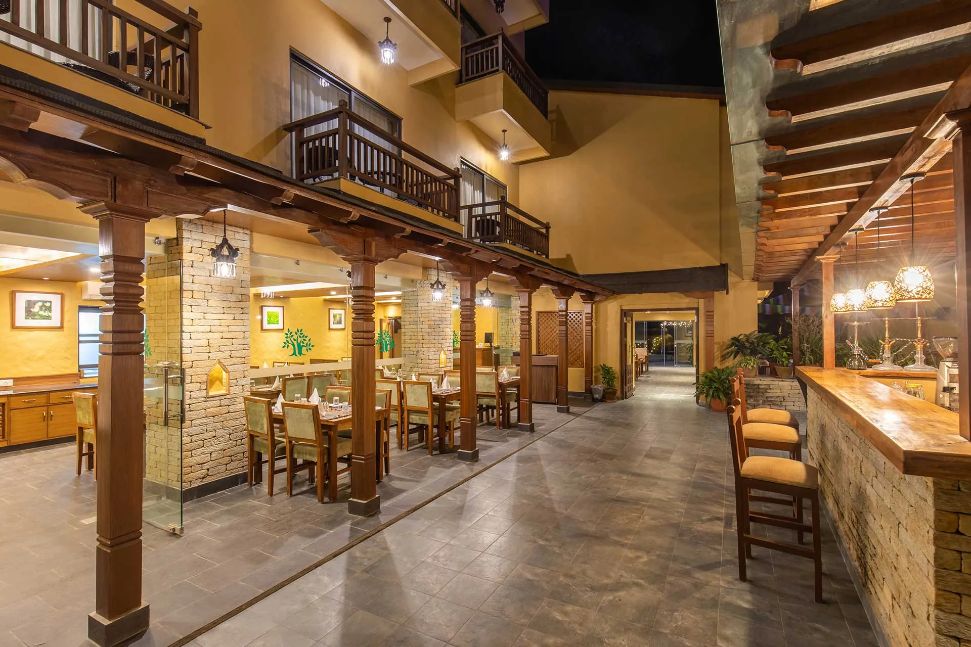The carved timber courtyard of Chautari Restro & Bar