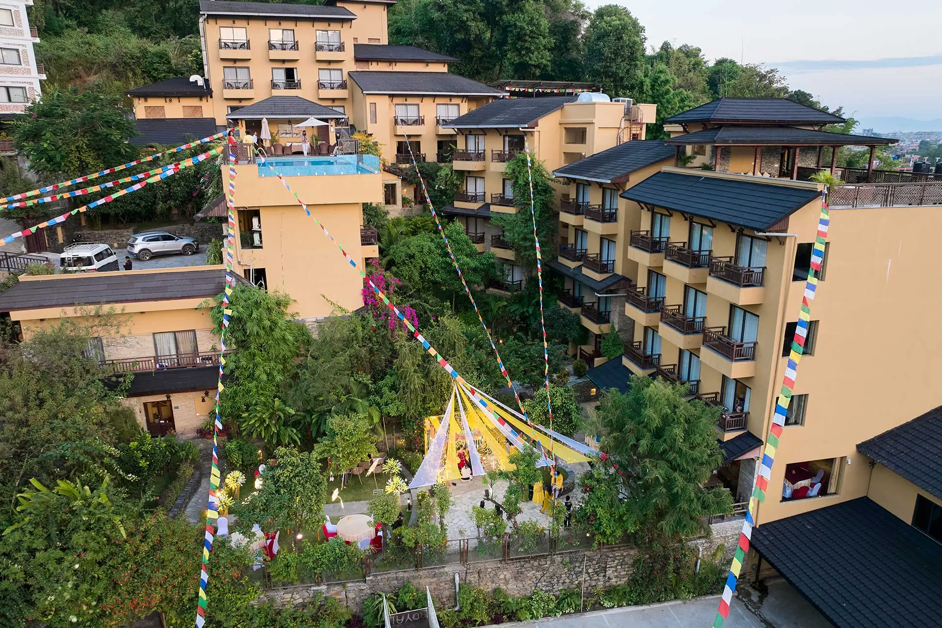 The resort buildings stepping down the hillside